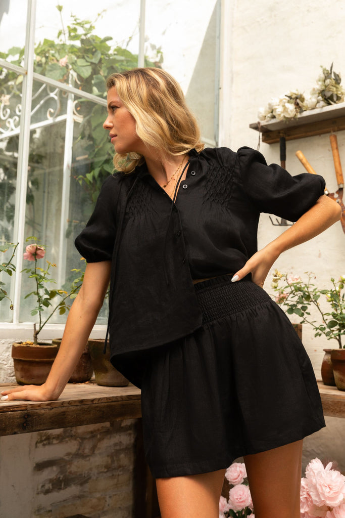 Summery The Label Classic Linen Smock Blouse Top in Black
