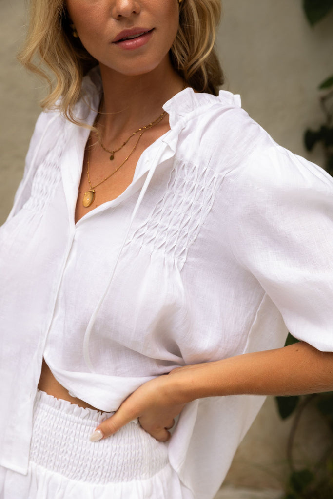 Summery The Label Classic Linen Smock Blouse Top in White