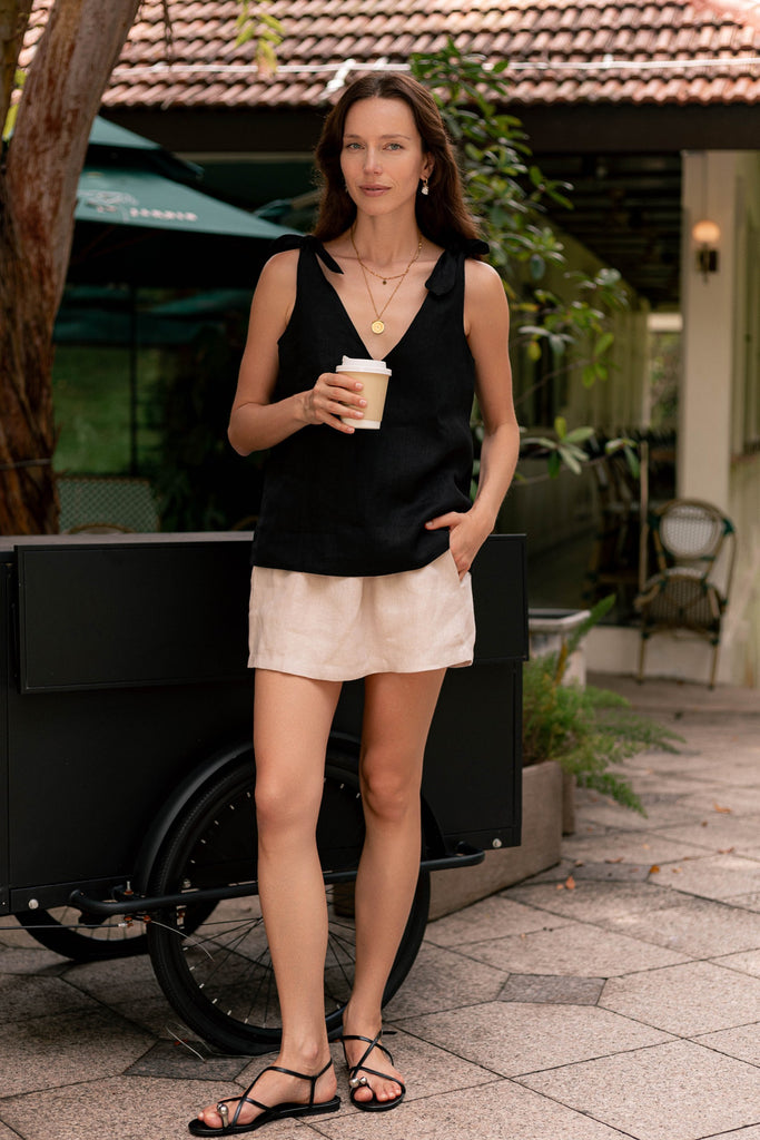 Classic Linen Shoulder Bow Tie Top in Black