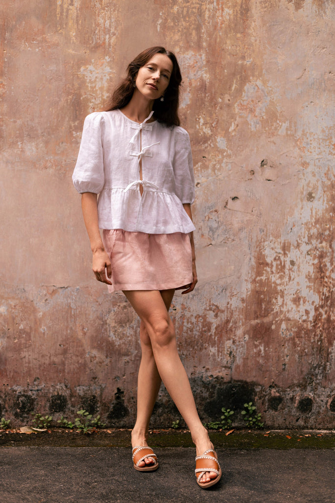 Summery the Label Linen Shoulder Front Tie Top in White