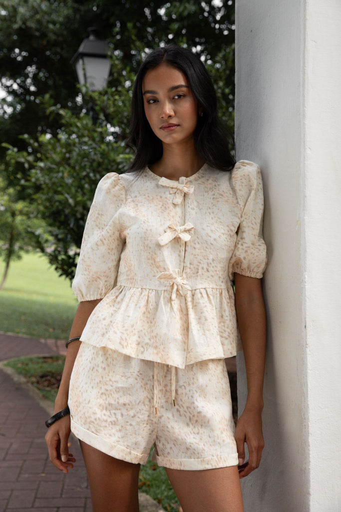 Classic Linen Front Bow Tie Top in Leopard Print by Summery The Label – breathable lightweight printed linen top