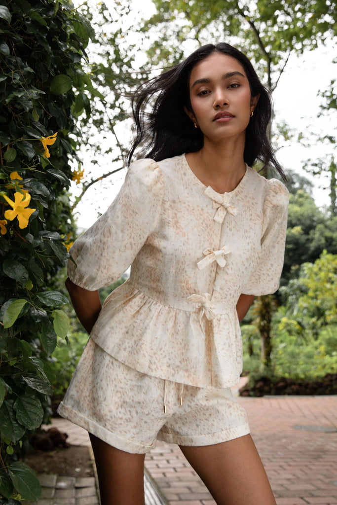 Breathable linen bow tie top by Summery The Label – soft, skin-friendly printed linen wear