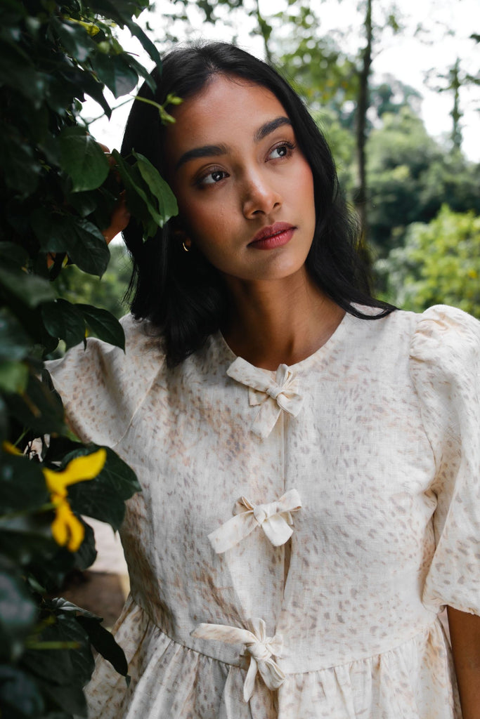 Leopard print linen front tie top – lightweight natural fibre blouse for warm climates