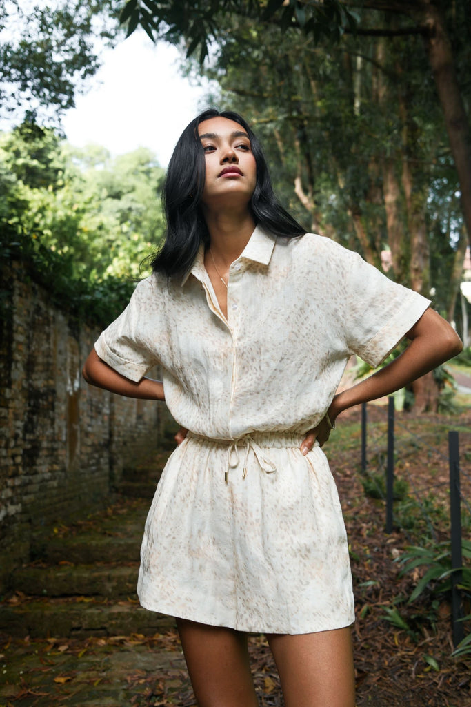 Classic Linen Playsuit in Leopard Print by Summery The Label – breathable lightweight printed linen one-piece