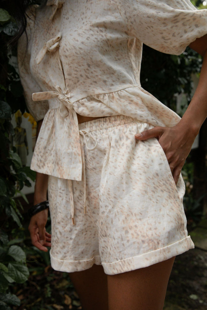 Classic Linen Shorts in Leopard Print by Summery The Label – breathable lightweight printed linen bottoms