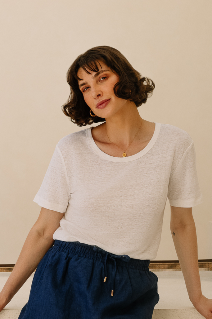White linen knit t-shirt by Summery The Label, perfect for breathable comfort and minimalist styling
