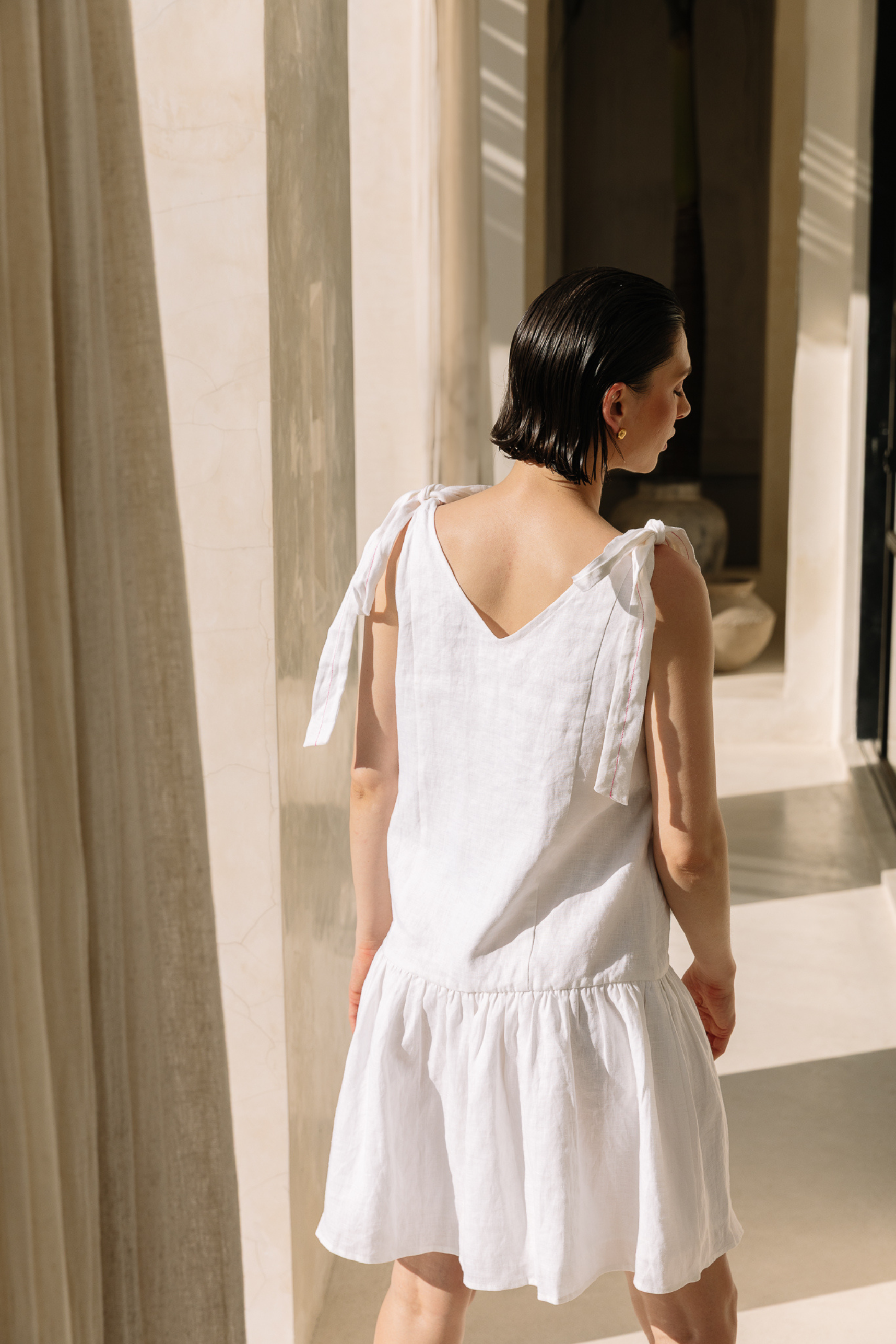 chinese dress ladies Classic Linen Ribbon Shoulder Tie Dress | Linen Clothing Online