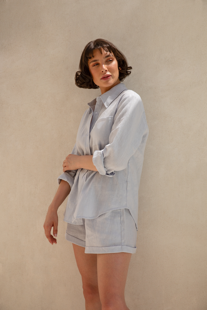 Lightweight sky blue linen shirt by Summery The Label, perfect for warm, sunny days