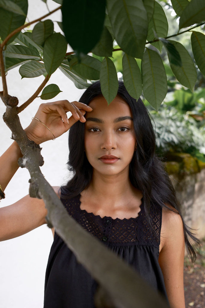 Black linen sleeveless blouse – breathable natural fibre top with delicate crochet straps