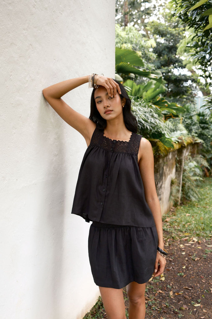 Classic Linen Crochet Strap Blouse in Black by Summery The Label – breathable lightweight linen top