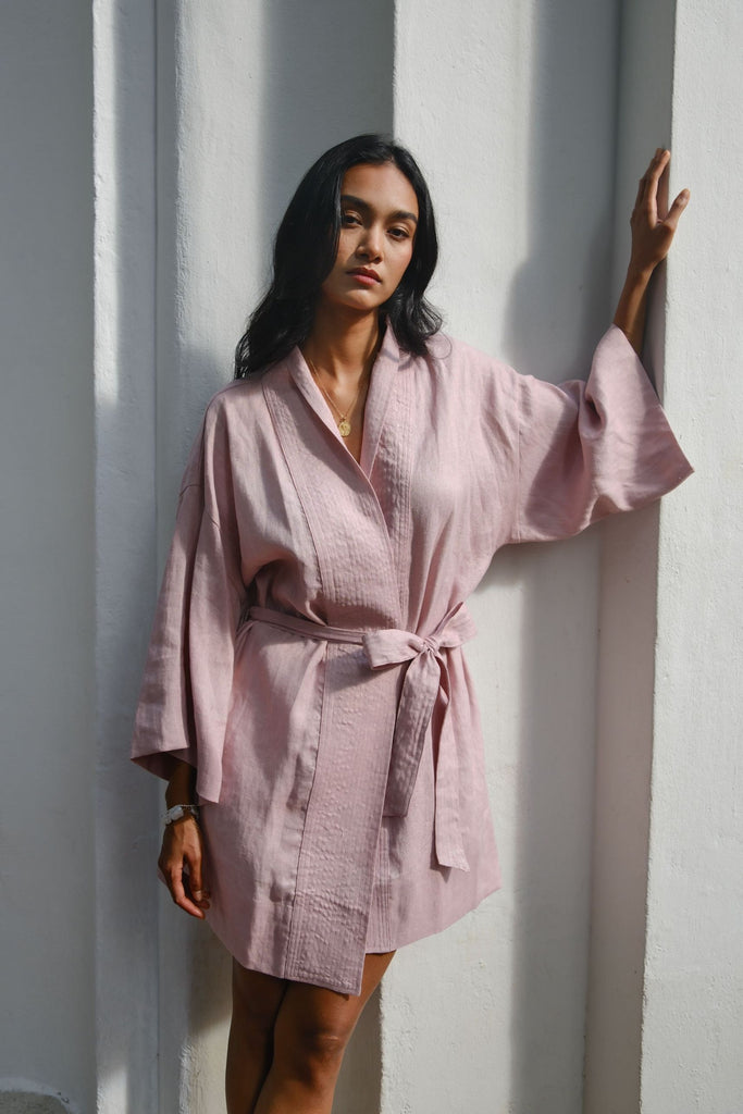 Rose linen open-front kimono – lightweight natural fibre layering essential