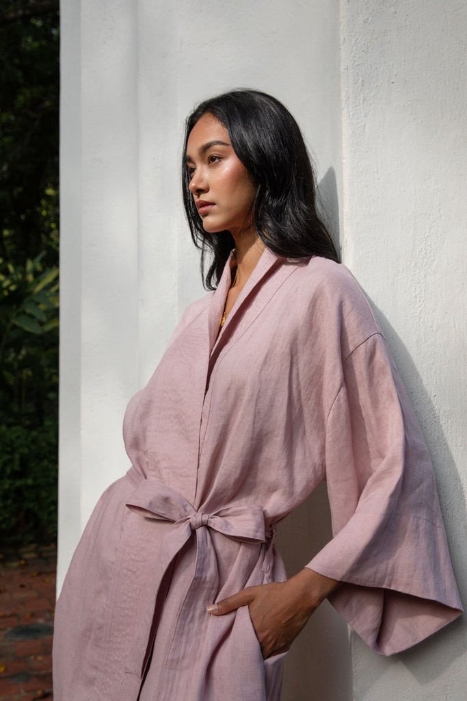 Classic Linen Kimono in Rose by Summery The Label – breathable lightweight linen layering piece