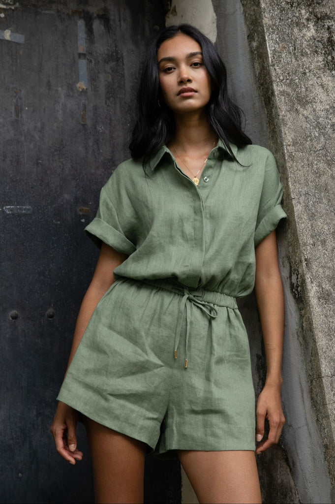 Classic Linen Playsuit in Khaki by Summery The Label – breathable lightweight natural linen