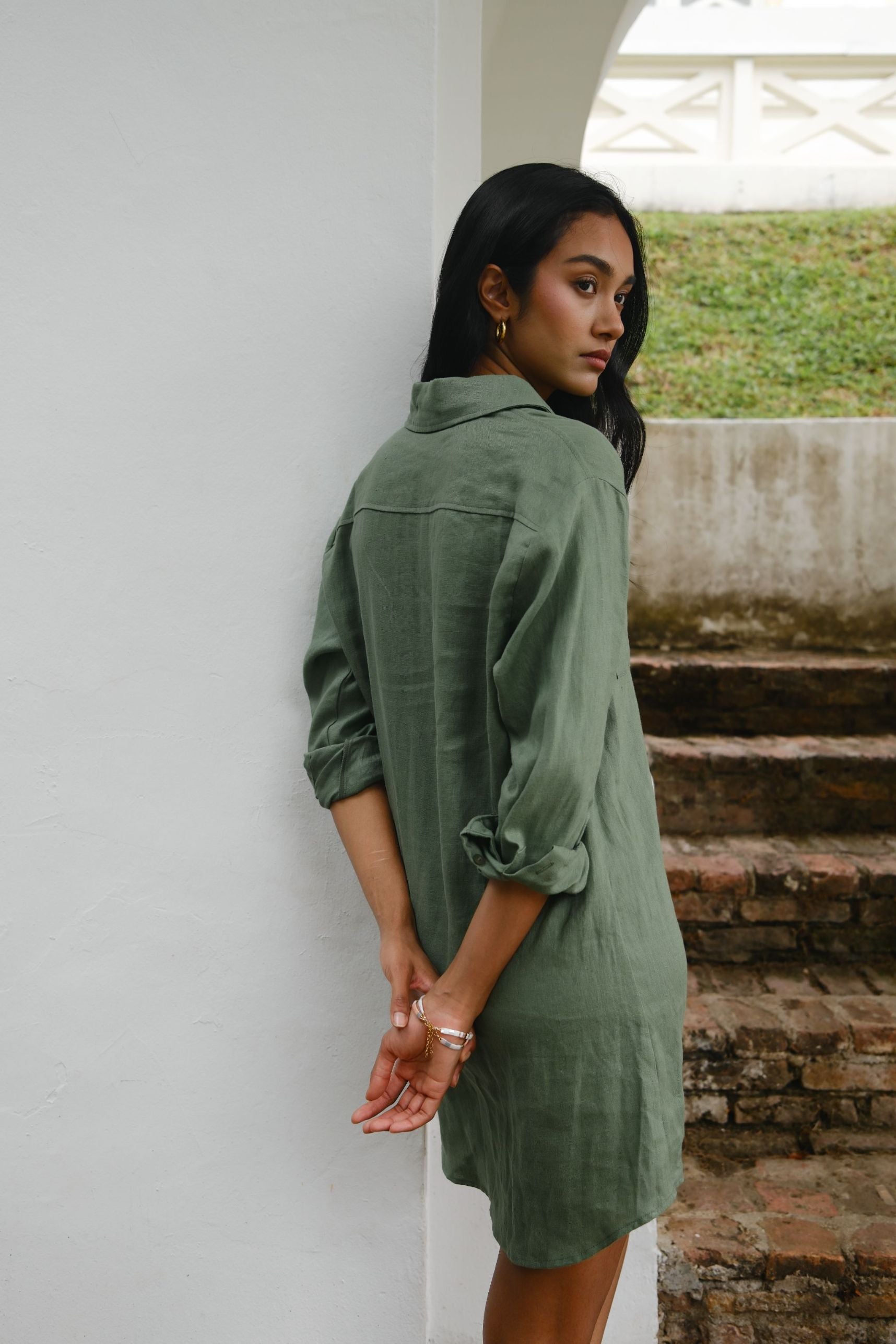 khaki linen shirt dress Women's Khaki Linen Look Tie WaisT-Shirt Dress
