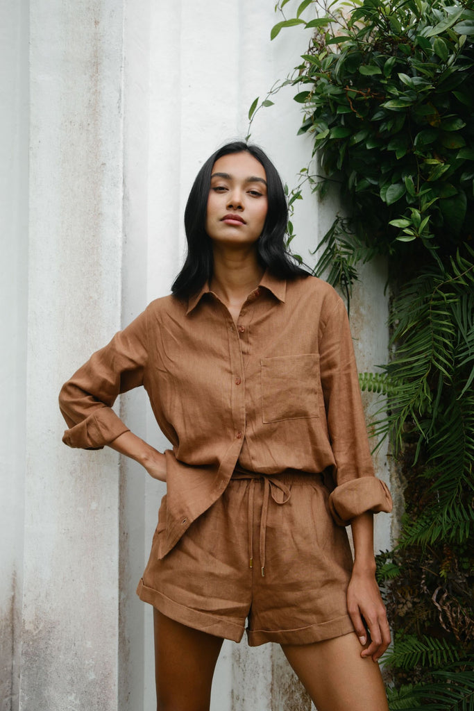 Breathable chocolate linen shorts by Summery The Label – soft natural fibre bottoms