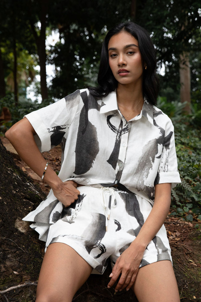 Fable Print linen shorts – lightweight natural fibre bottoms designed for warm climates