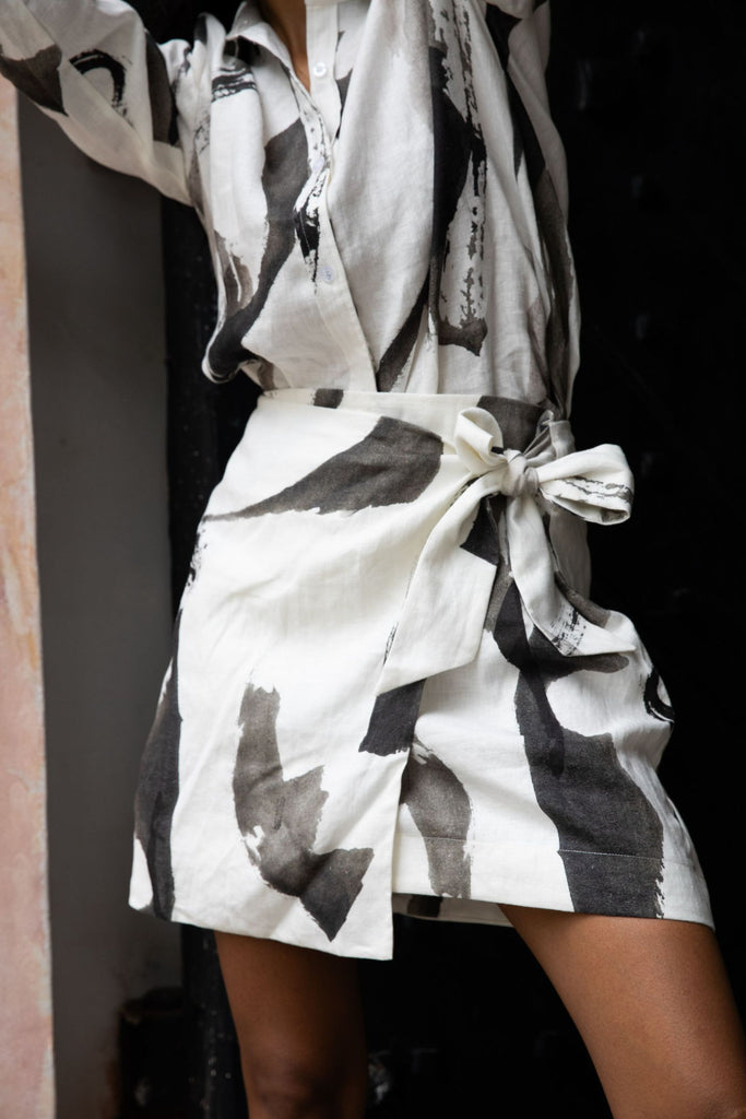 Classic Linen Wrap Skirt in Fable Print by Summery The Label – breathable lightweight printed linen skirt