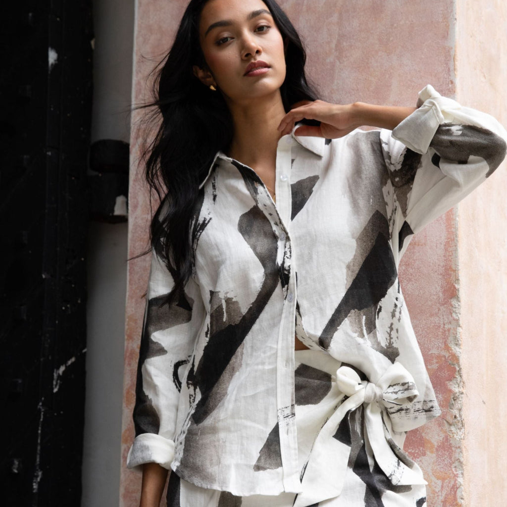 Women’s linen with wearable art, by Fable Print linen wrap skirt – airy, soft, and naturally breathable linen wear